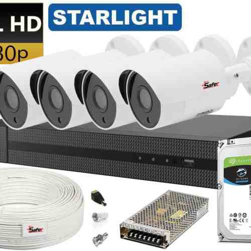 Kit supraveghere complet 4 camere Starlight Full HD, IR 25 metri, lentila 2.8, SAFER
